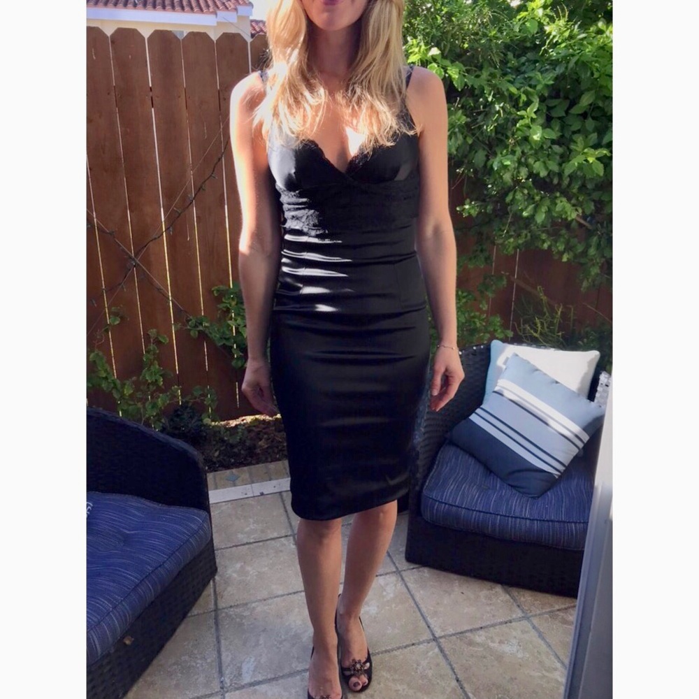Dolce & Gabbana Black Satin Dress w/Lace Accents